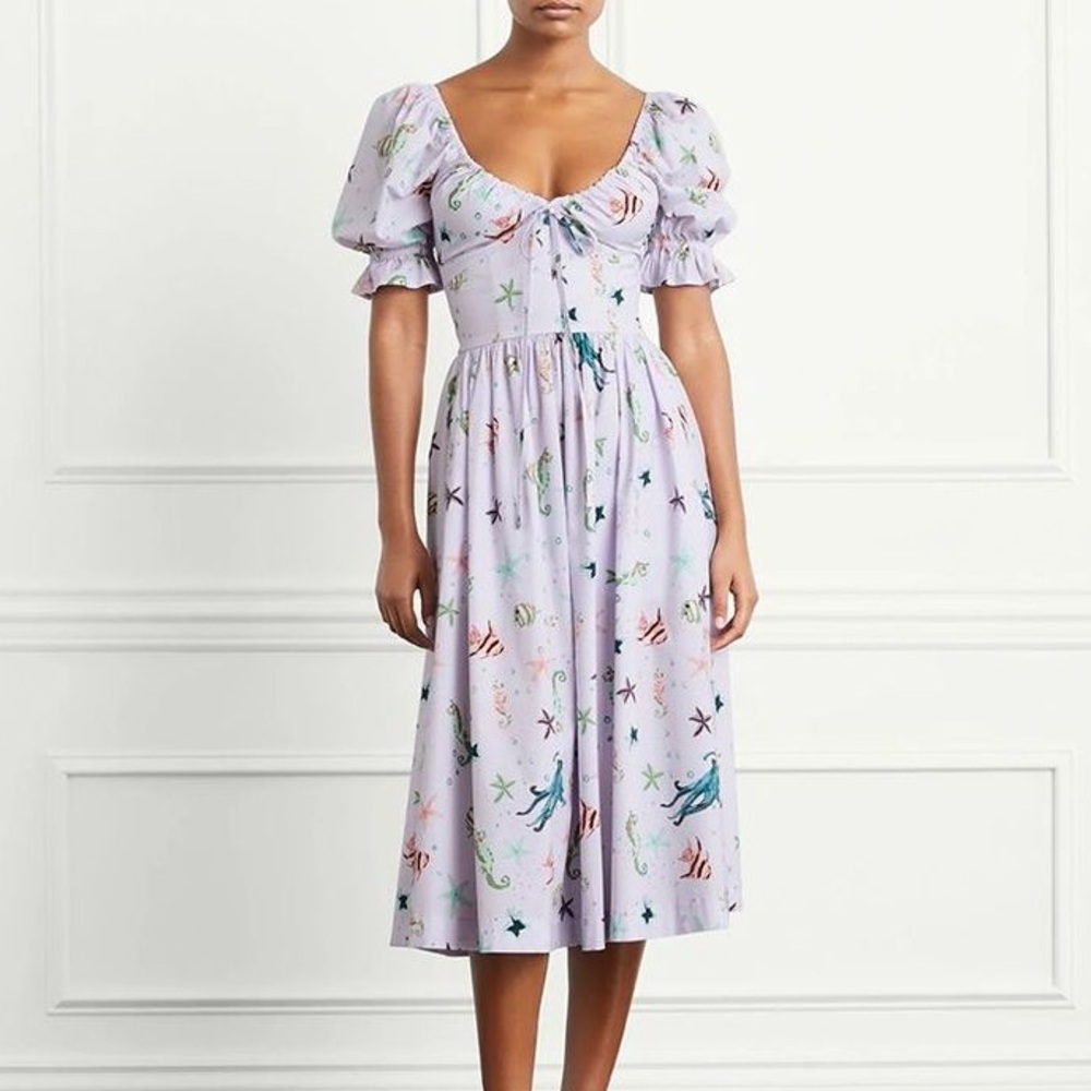 Hill House Purple Sea Creatures Fish Print Puff Sleeve Midi Ophelia Dress